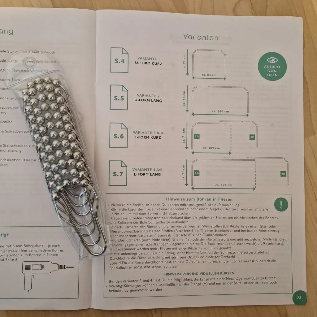 Duschvorhangstange "Linda" 12 Ringe und Aufbauvarianten